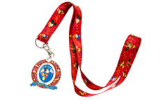 A red lanyard with Mickey Mouse heads and pendant.