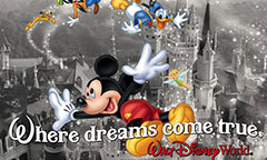 Graphic of Mickey Mouse soaring above Magic Kingdom with Donald Duck , Pluto and Tinkerbell &ndash; 